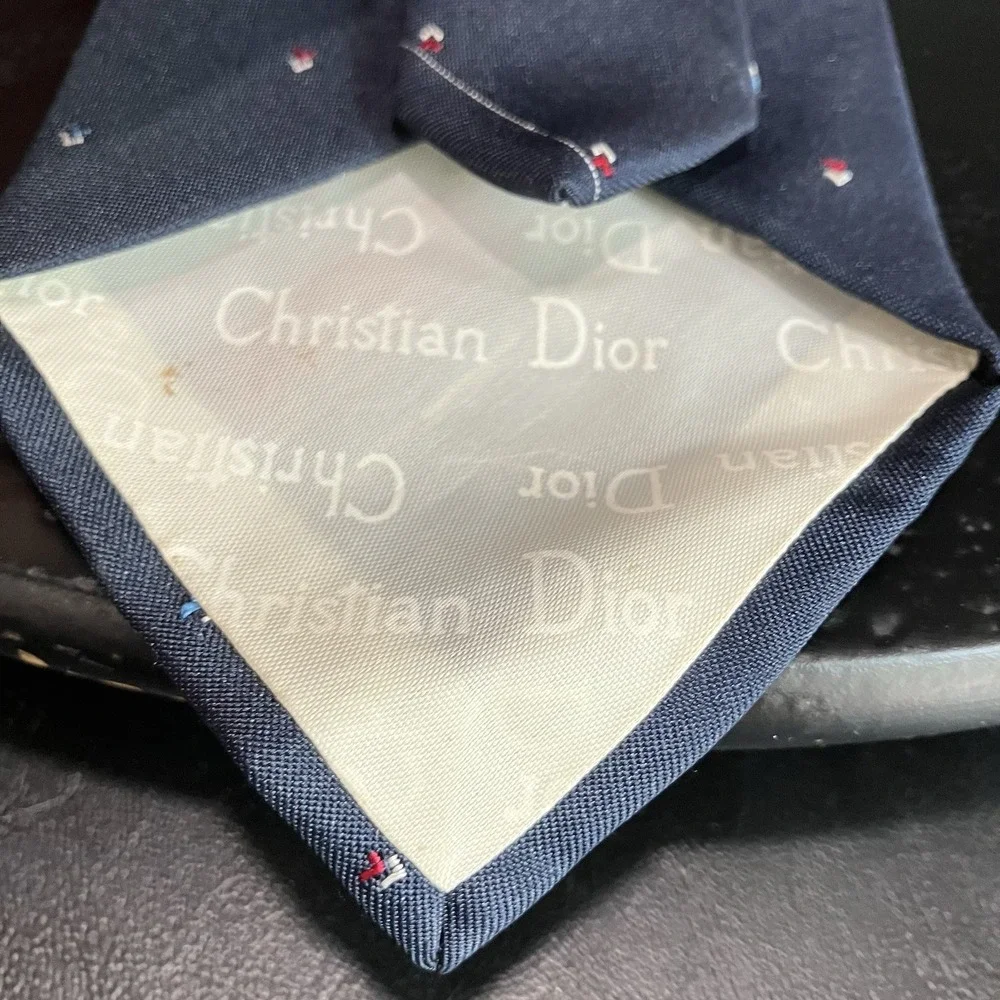 Christian Dior Monsieur Poly Silk Blend Neck Tie Navy Mini Motif Logo Vintage